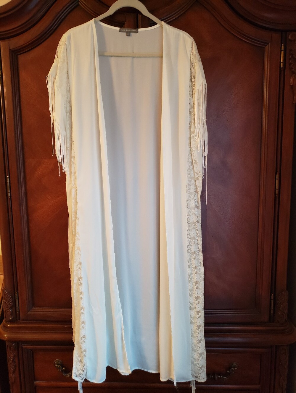 Kate & Mallory Ivory Lace Panel Long Kimono Duster Cardigan Fringe Trim